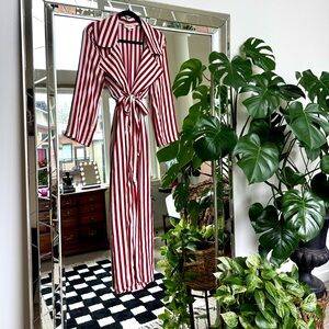 Open Edit | Red/White Striped Satin-Effect Duster